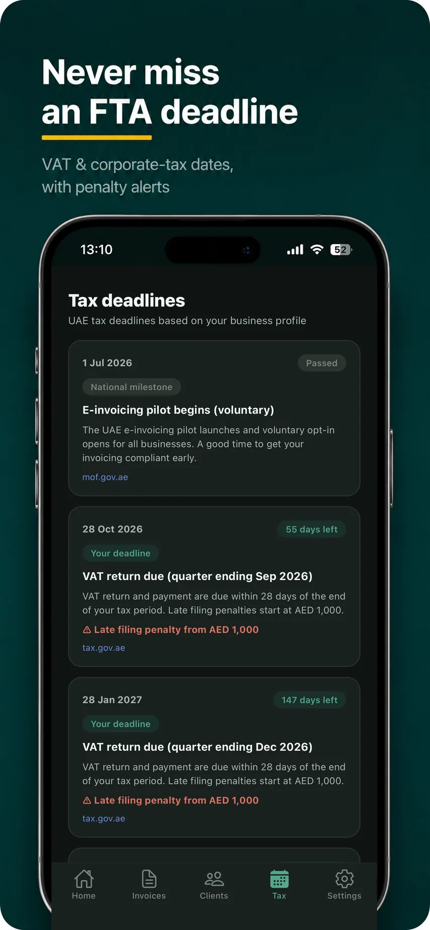 Mustahiq tax deadlines screen listing UAE VAT return dates with days remaining and penalty alerts